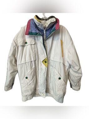 Vintage British Mist Colorblock Ski Jacket White Retro 90s Puffer Coat Small